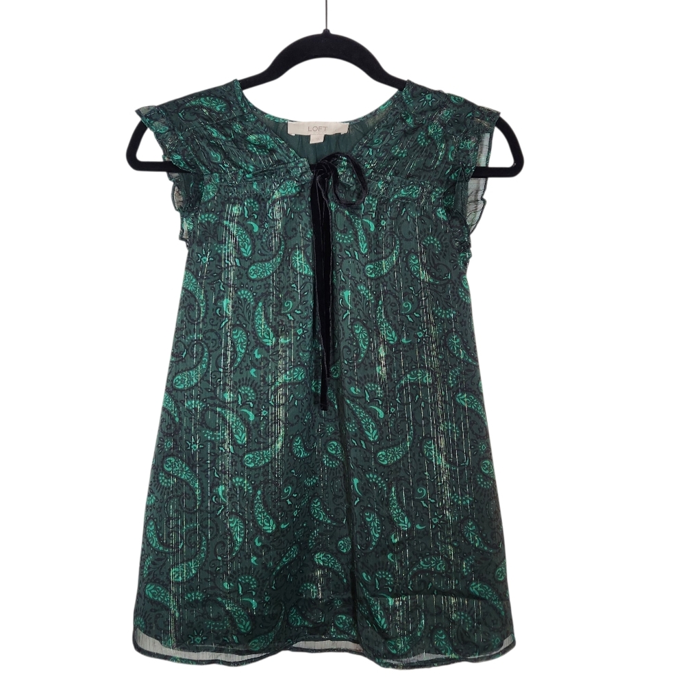 Loft Sheer Green Black Shimmer Velvet Tie Neck Ruffle Sleeveless‎ Blouse Top L - Picture 7 of 15